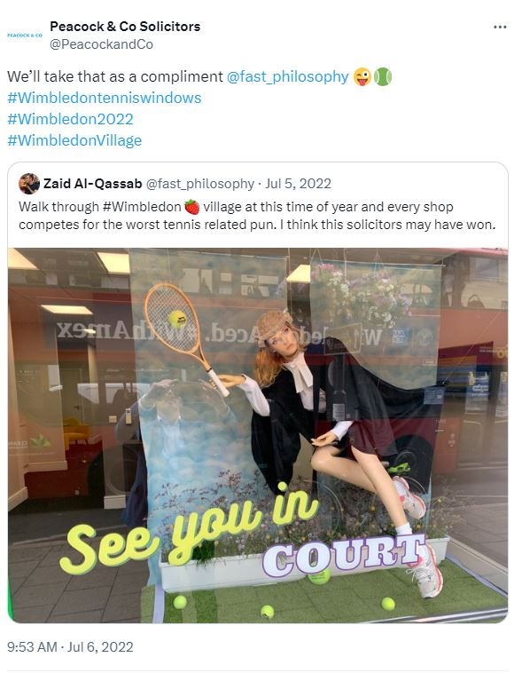 Twitter (now X) post about See You in Court window describing it as the worst pun