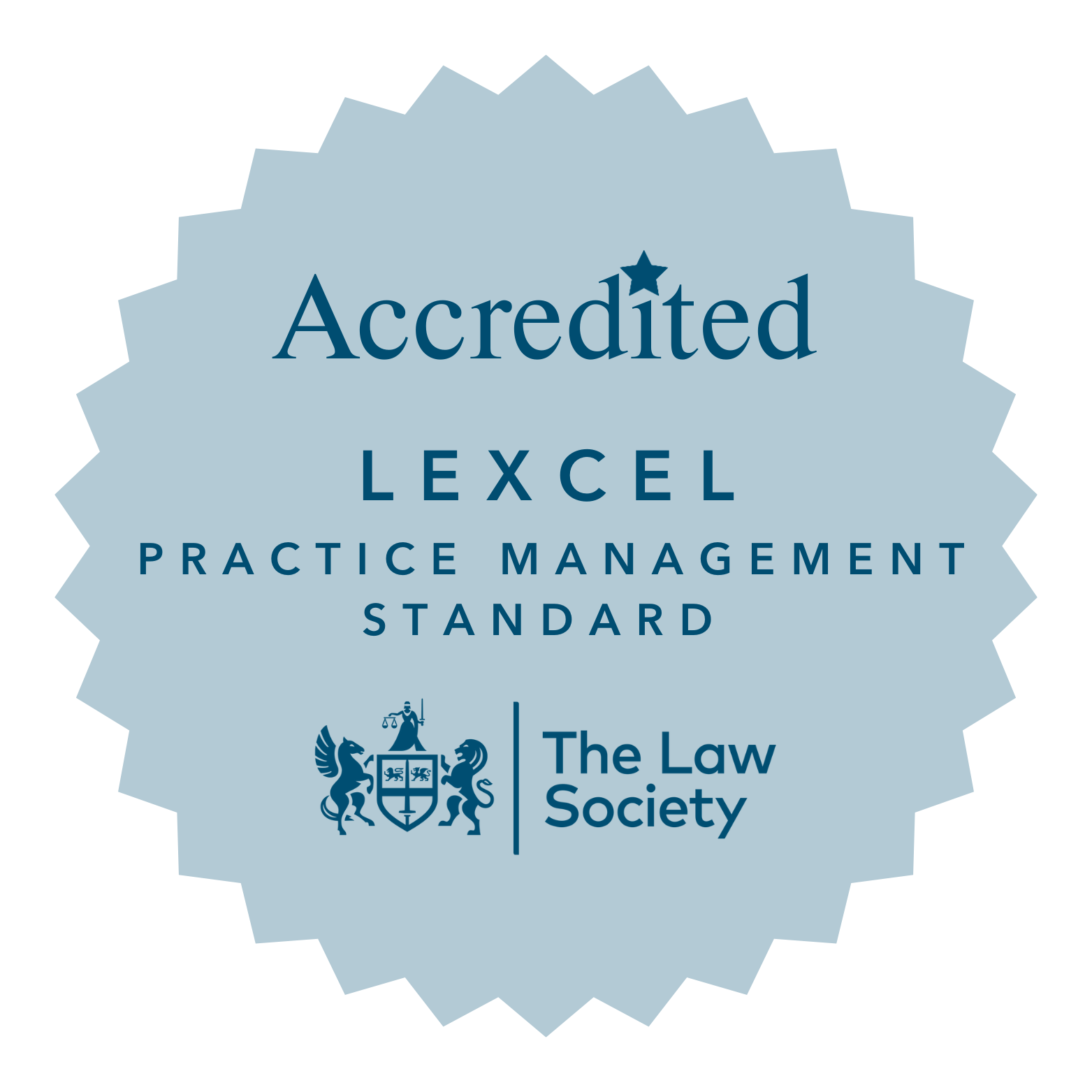 Lexcel Legal Excellence award from The Law Socitey blue text logo